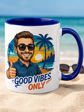 Good Vibes caricature mug — dark blue